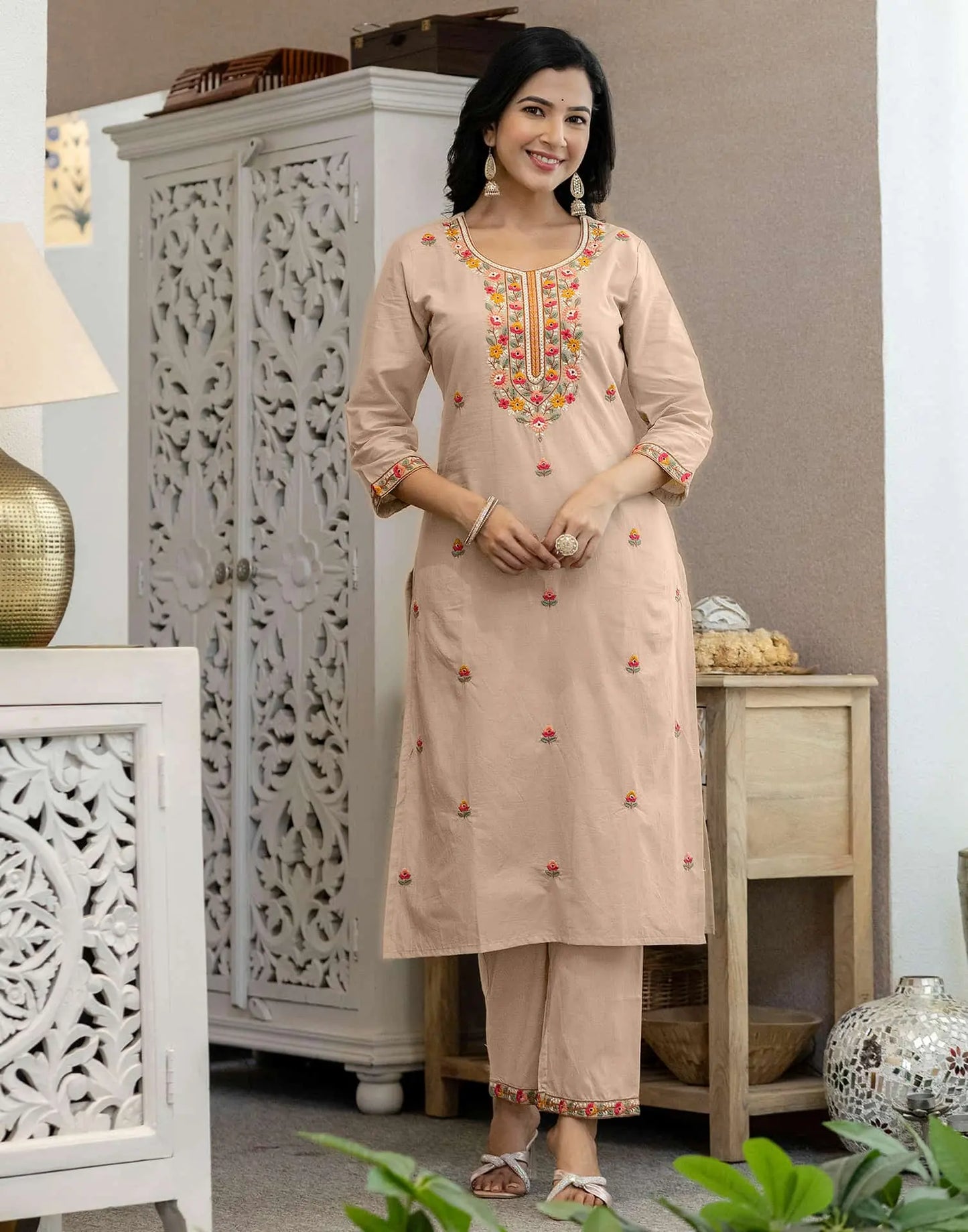 Skylee Brown Cotton Embroidered Straight Kurta with Pant & Dupatta