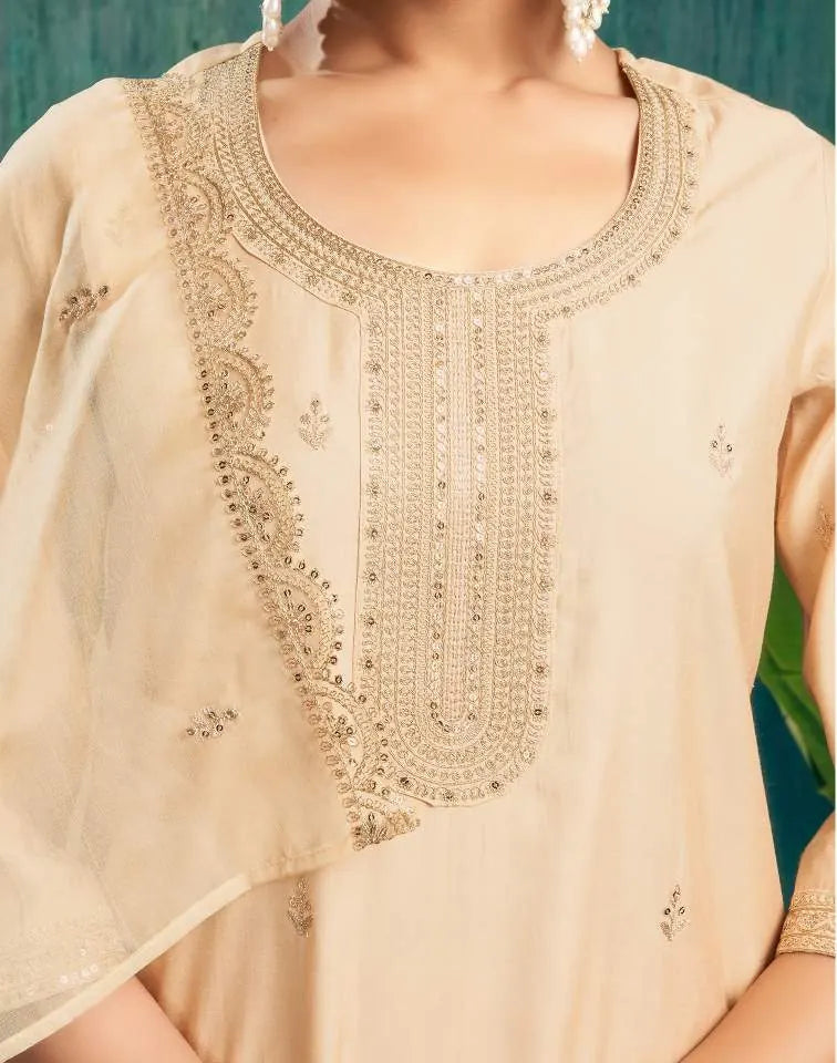 Skylee Beige silk sequence embroidered round neck kurta set with pant and dupatta