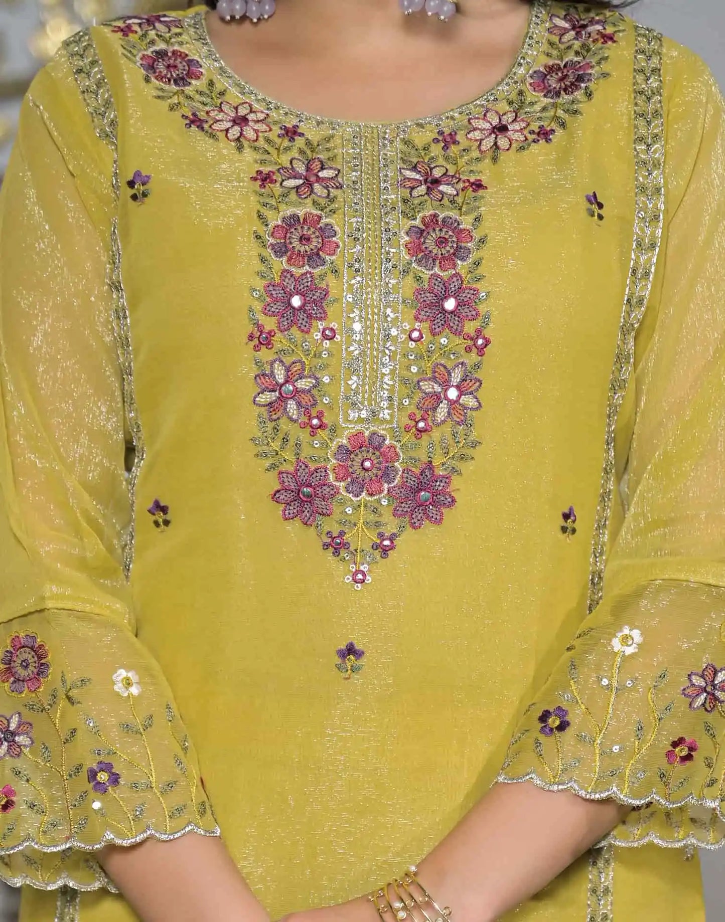 Shimmer Chiffon Straight Embroidery Round Neck Kurta with Pant & Dupatta
