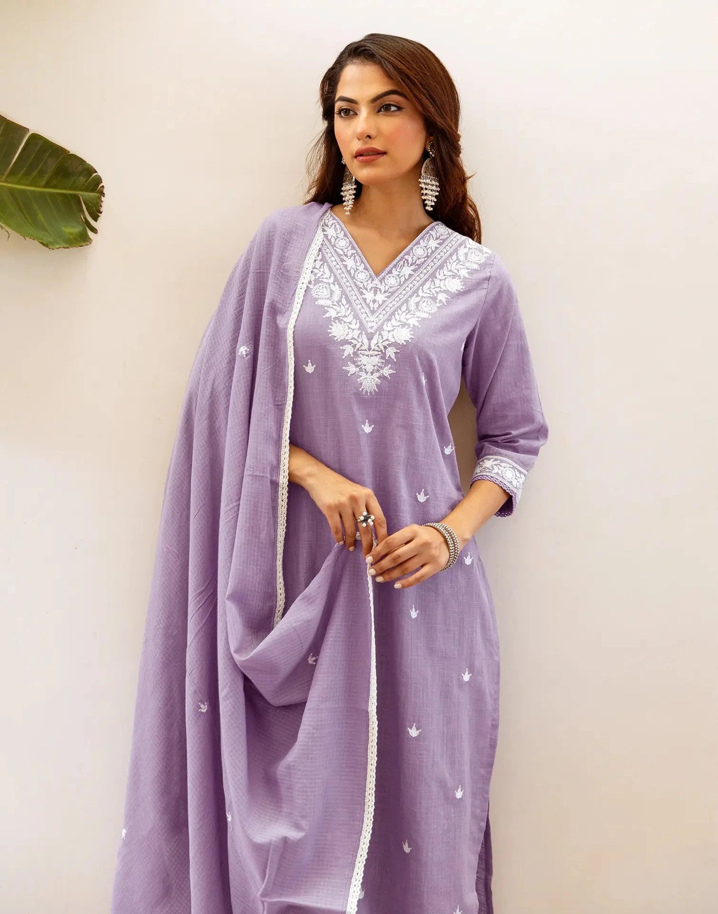Cotton Embroidered V-Neck Straight Kurta with Pant & Dupatta
