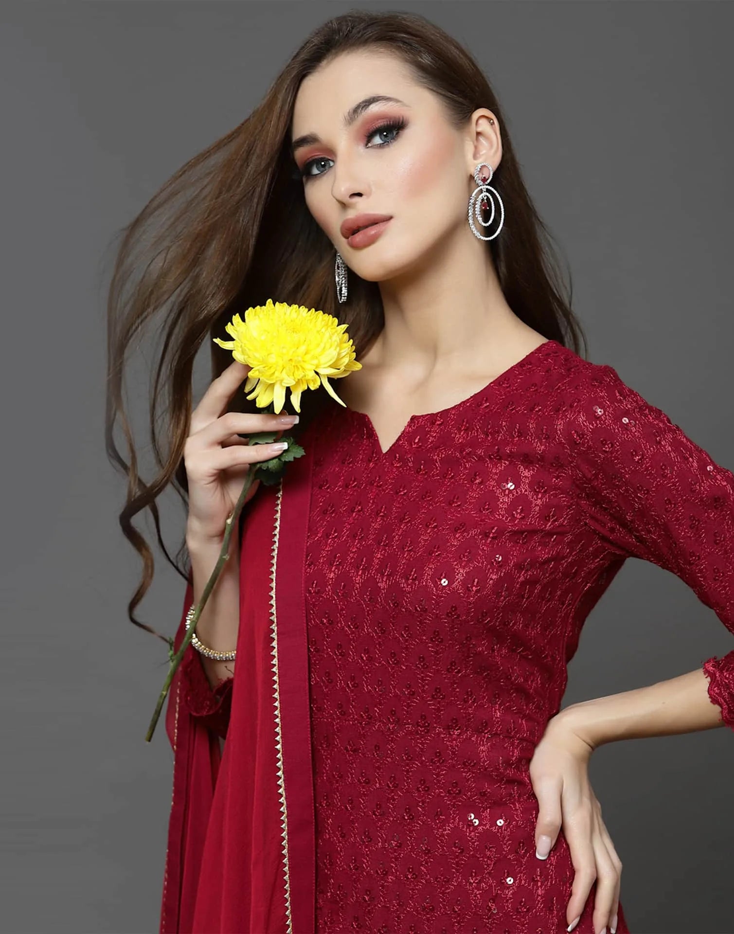 Maroon Rayon Straight Kurta Set with Sequence Embroidery under 1000