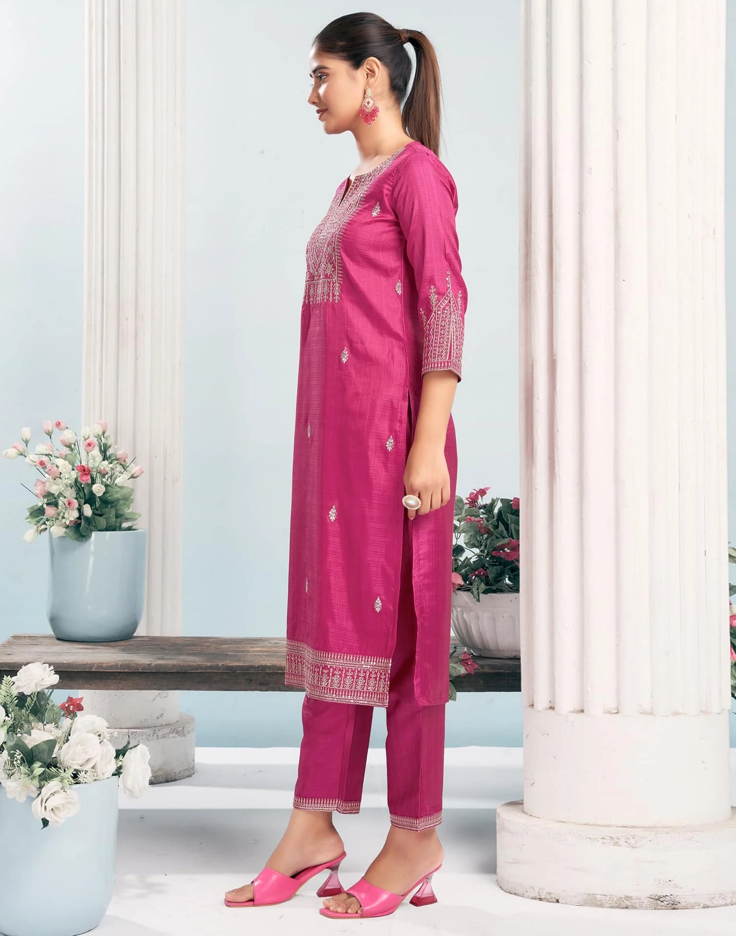 Silk Blend Embroidered Straight Kurta with Pant & Dupatta