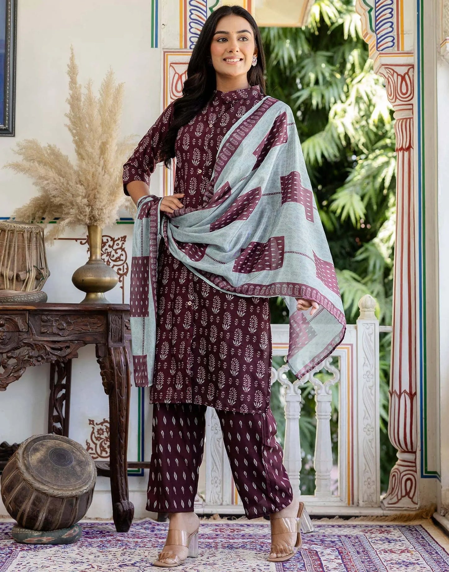 Rayon Printed Straight Kurta with Pant & Dupatta
