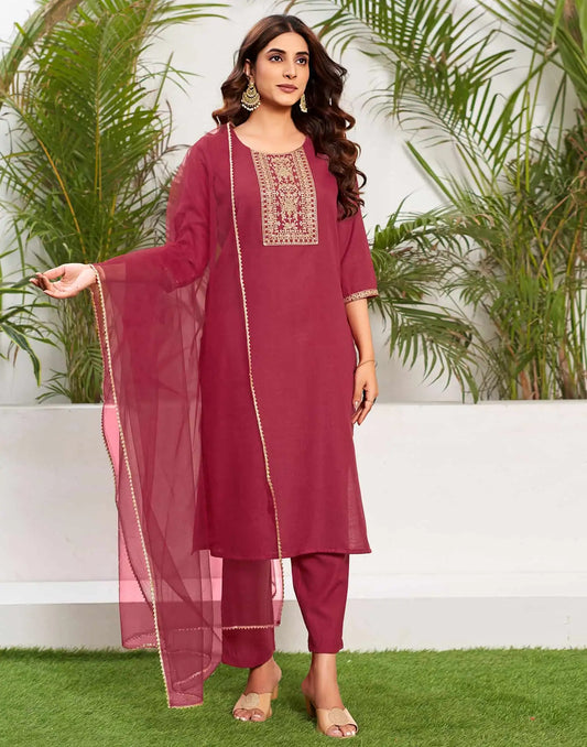 Cotton Blend Sequence Embroidery Work and Embroidered Lace Straight Kurta with Pant & Dupatta