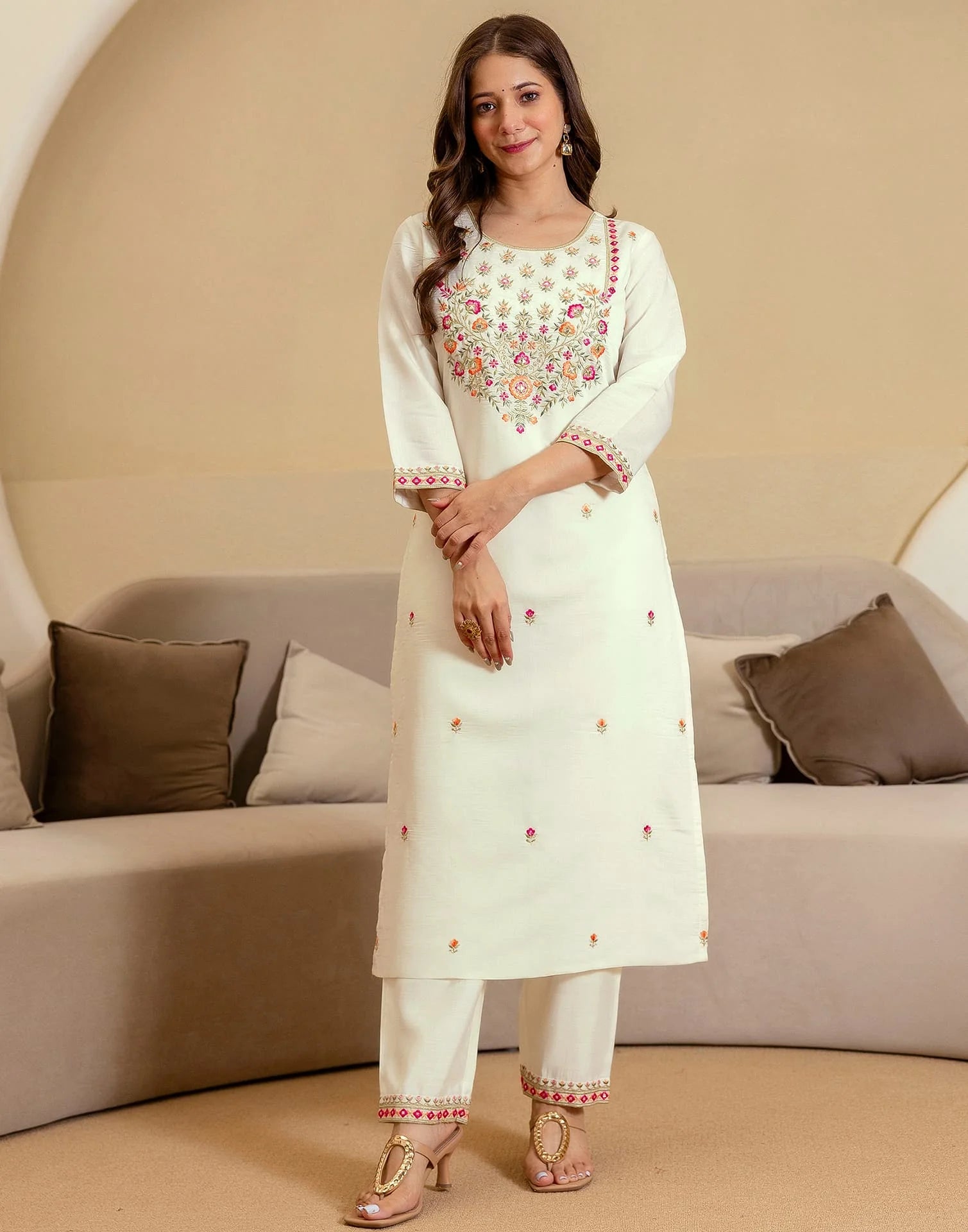 Off White Silk Blend Embroidered Straight Kurta Set for Women with Pant and Dupatta