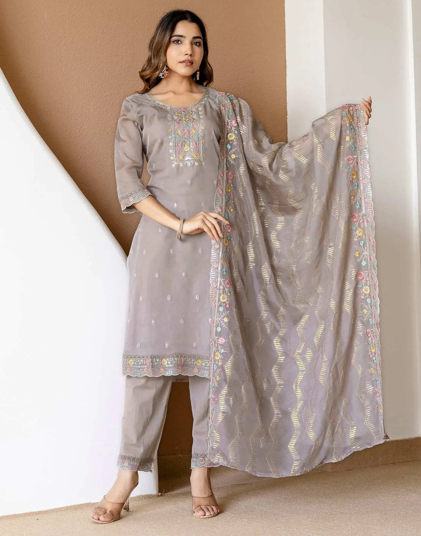 Grey Silk Embroidered Straight Kurta Set with Pant & Dupatta for Women Festive & Wedding Wear