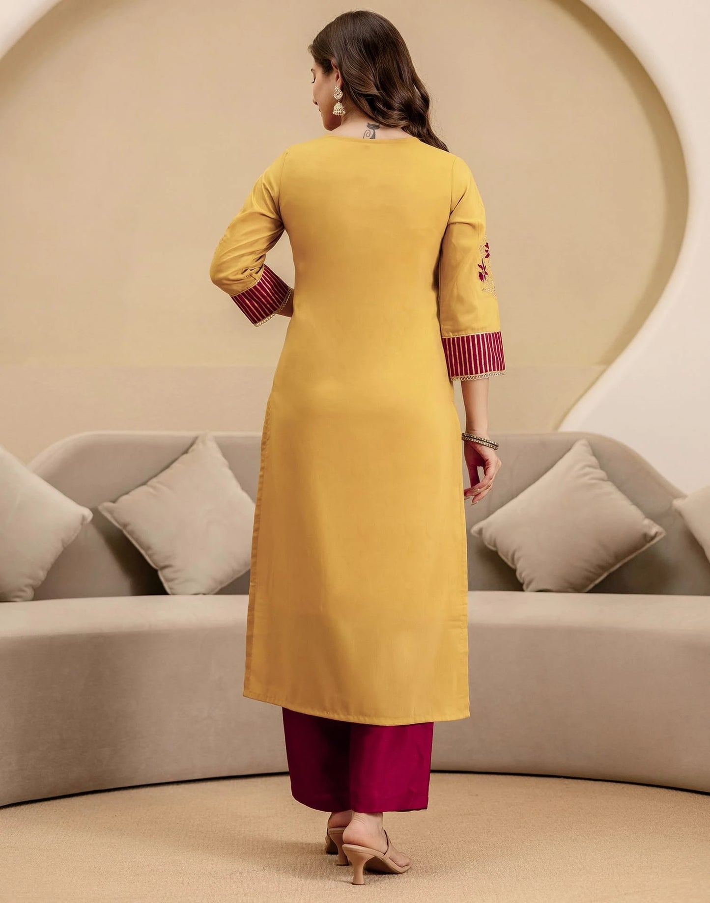 Silk Straight Embroidery V-Neck Kurta with Pant & Dupatta