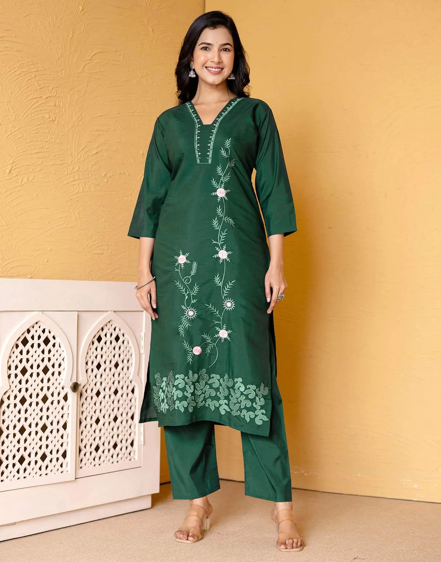 Silk Blend Embroidered Straight Kurta with Pant & Dupatta