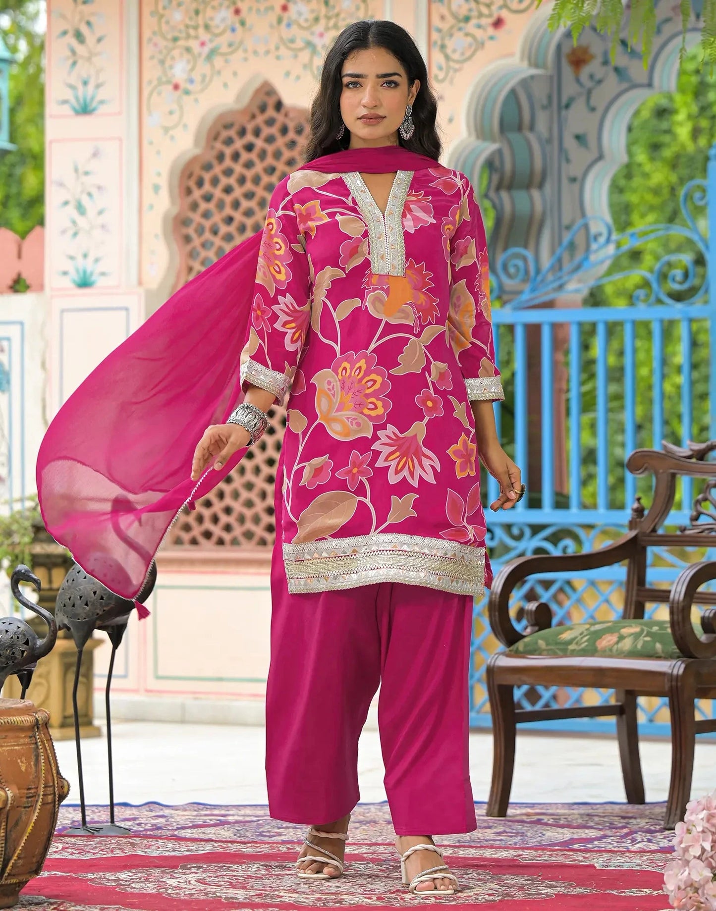 Crepe Printed V-Neck Straight Kurta with Pant & Dupatta