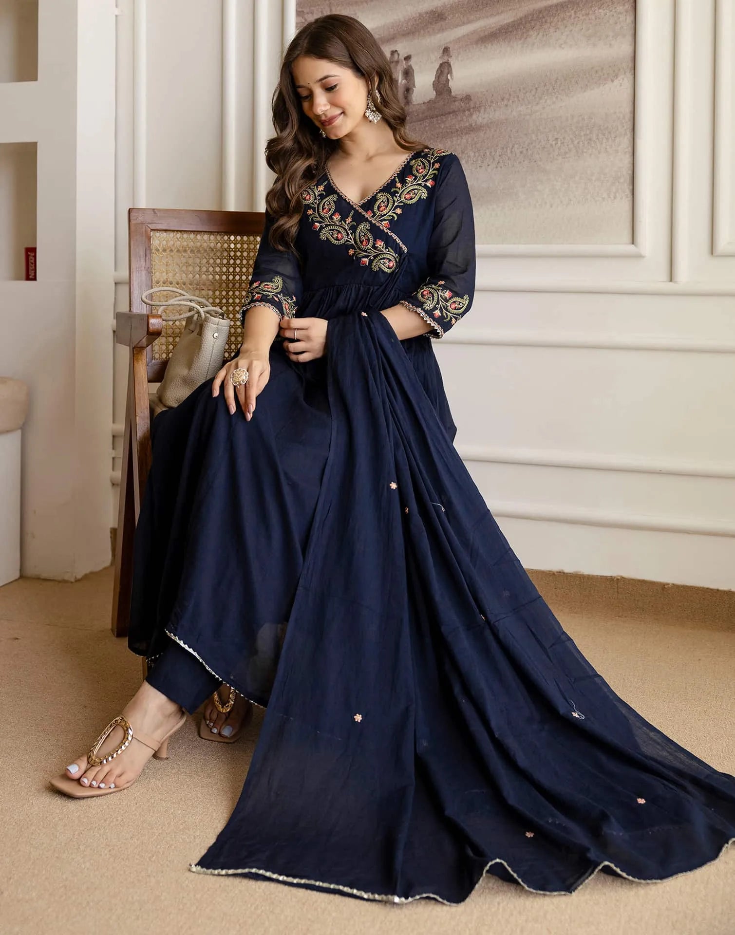 Affordable Blue Cotton Embroidered Anarkali Kurti Set