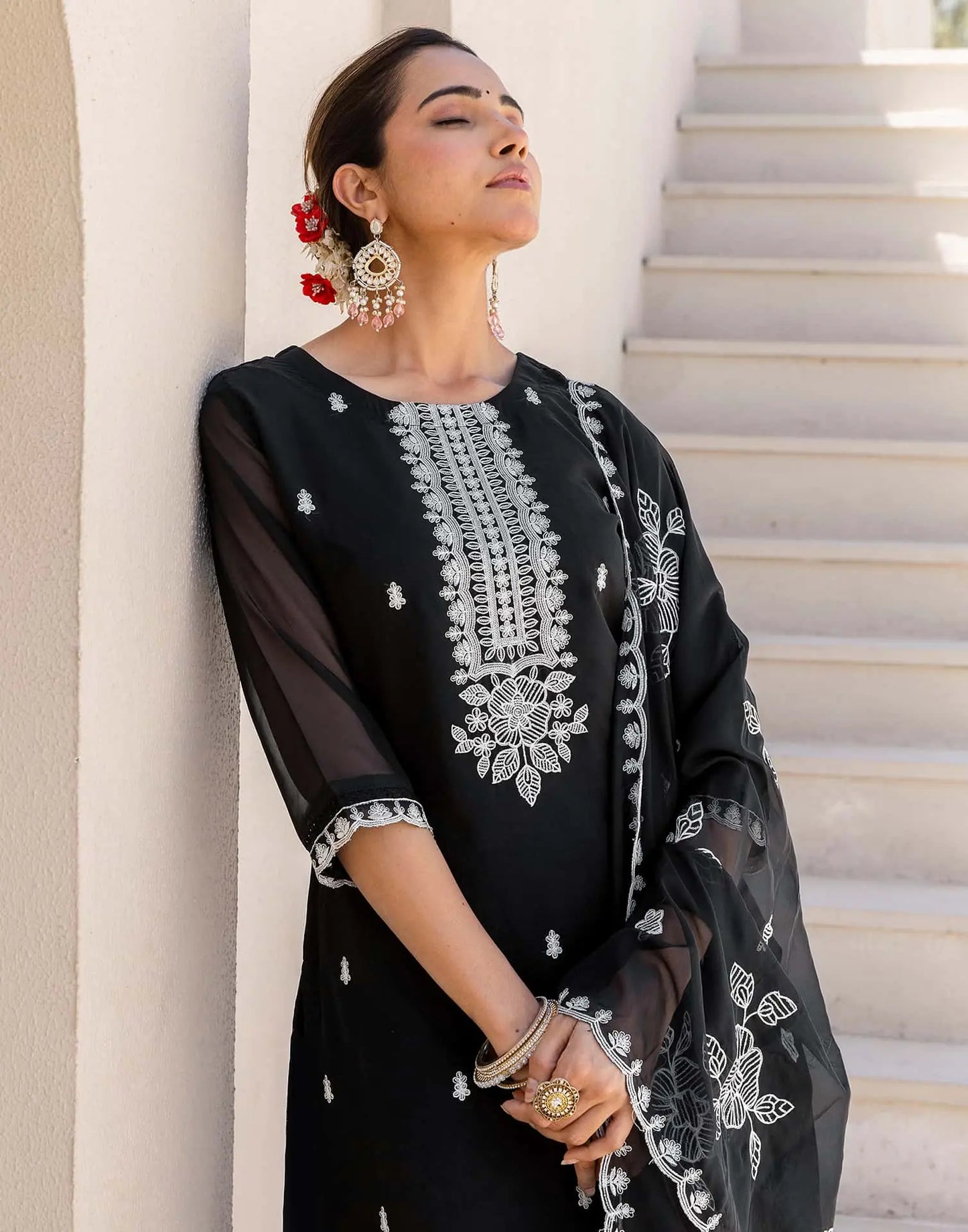 Skylee Black Silk Embroidered Straight Kurta Set for Women