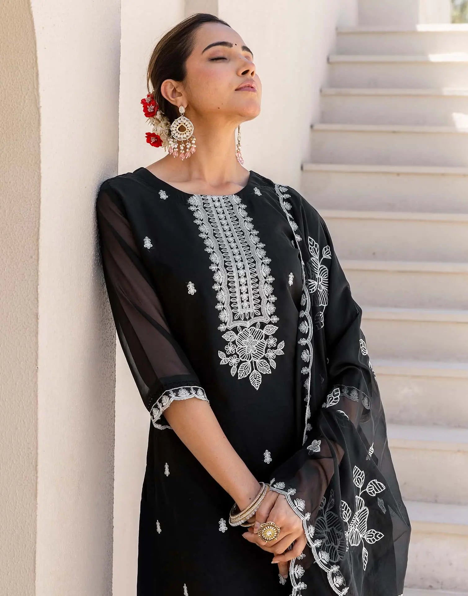 Skylee Black Silk Embroidered Straight Kurta Set for Women