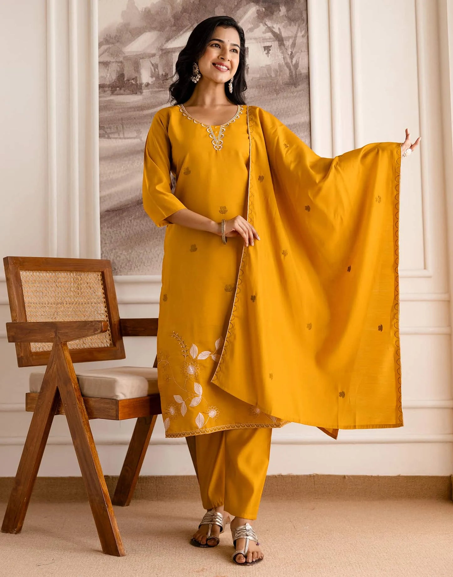 Silk Blend Embroidered Straight Kurta with Pant & Dupatta