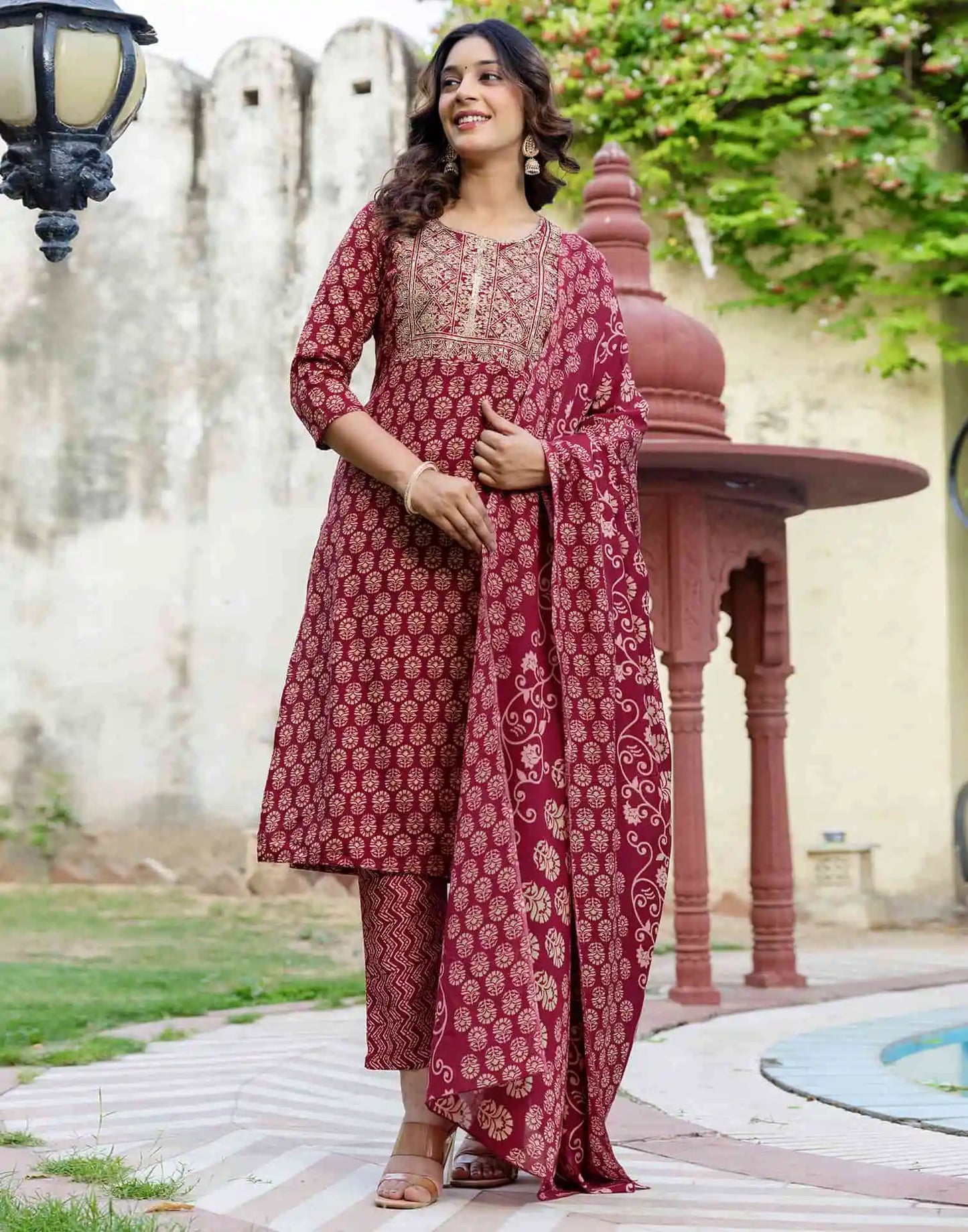 Cotton Printed Straight Kurta with Pant & Dupatta