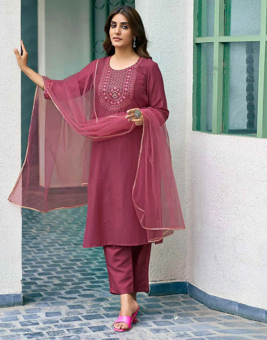 Silk Blend Dyed, Sequence Embroidery Work and Lace Straight Kurta with Pant & Dupatta