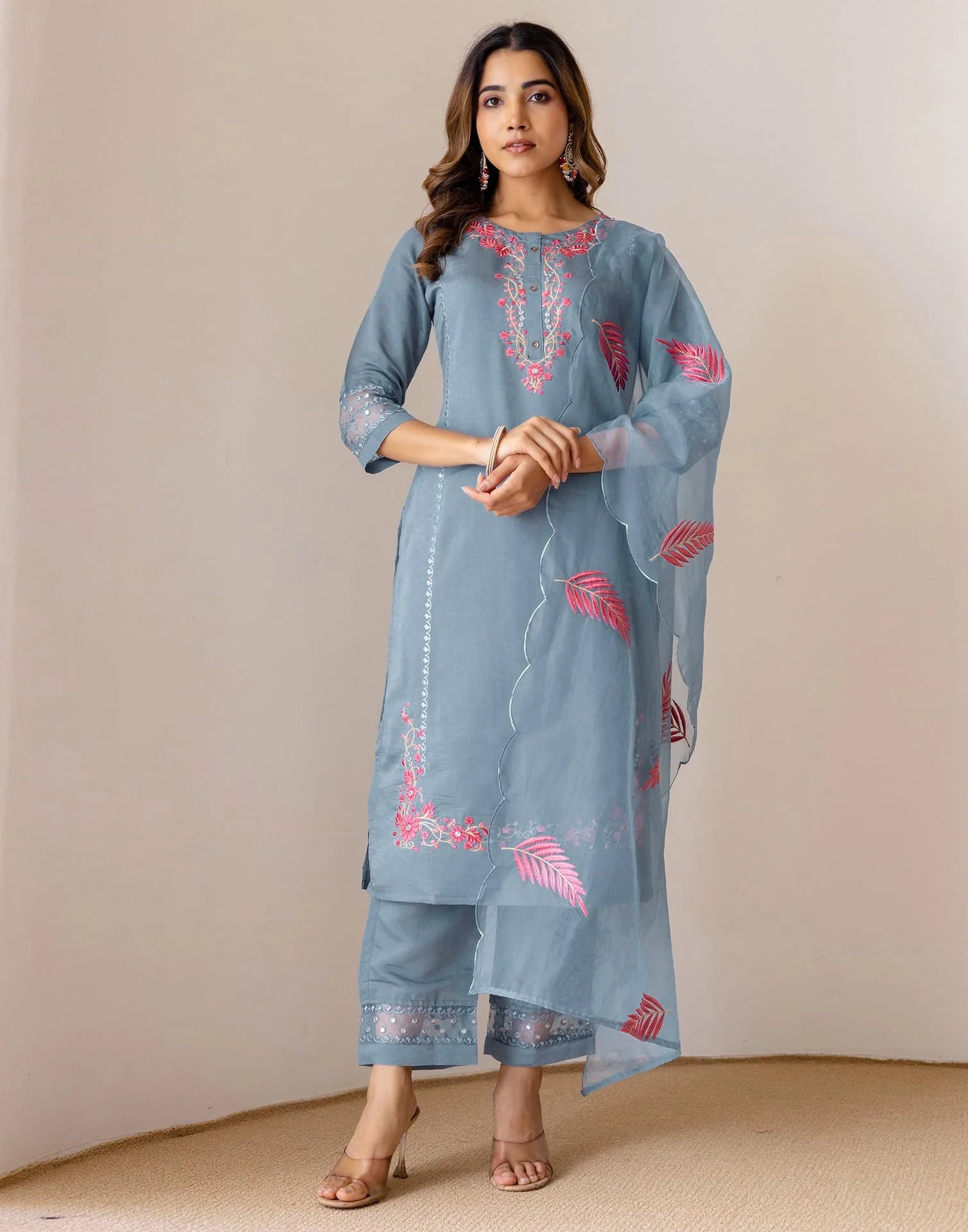 Grey Silk Embroidered Straight Kurta Set with Pant & Dupatta under 1299