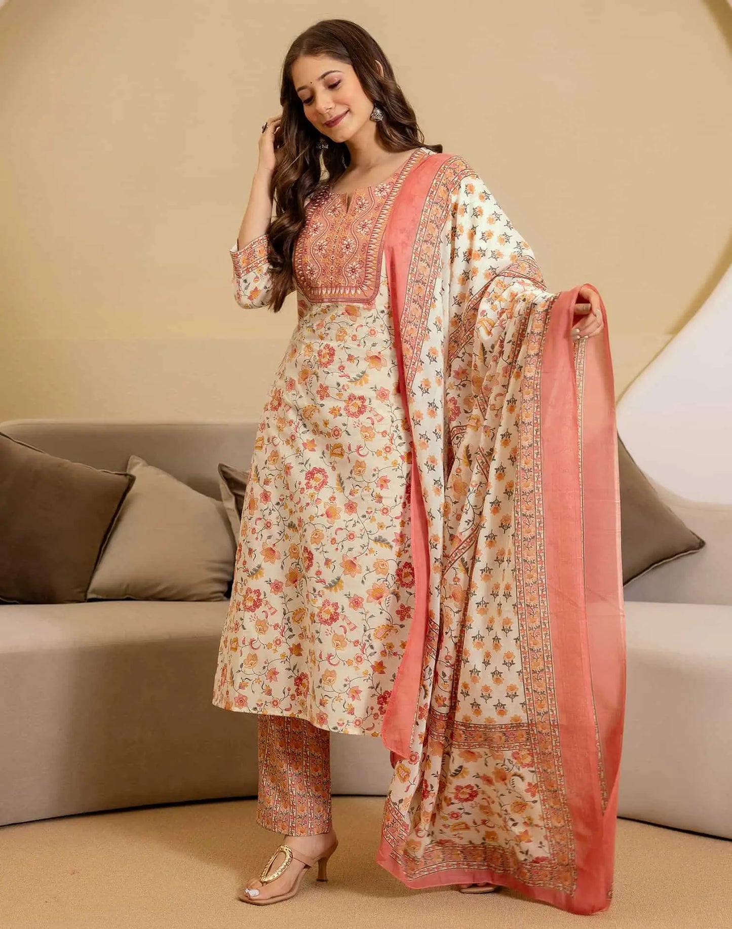 Multi Cotton Printed Straight Kurta with Pant & Dupatta