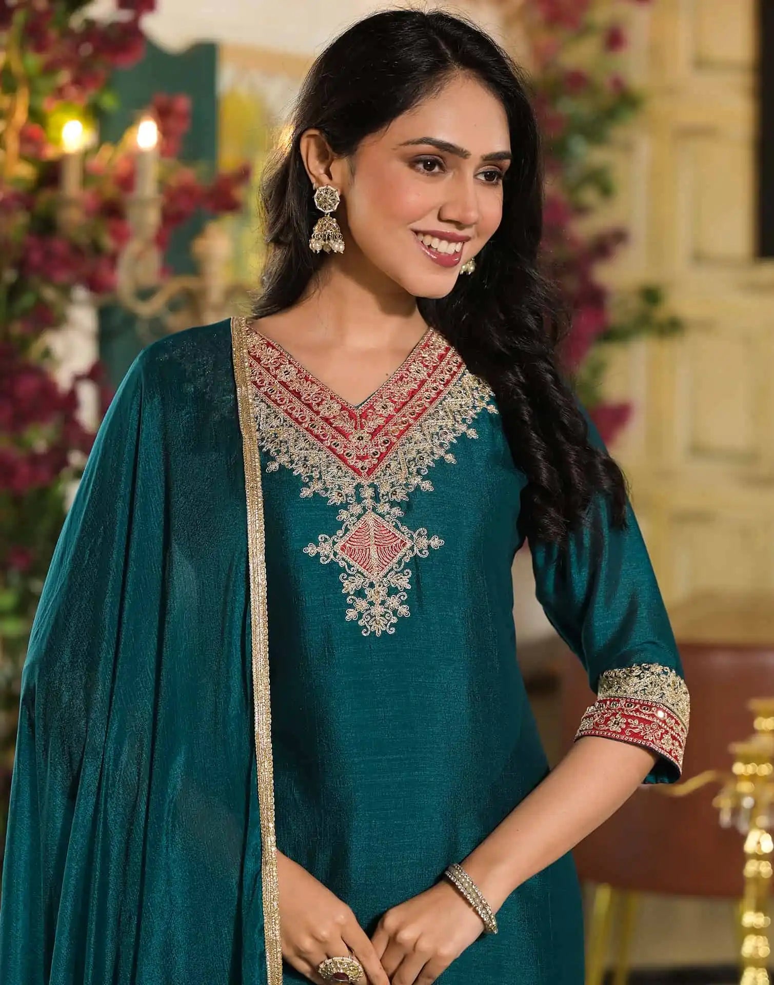 Blue Silk Embroidered Straight Kurta Set with Pant & Dupatta under 1250