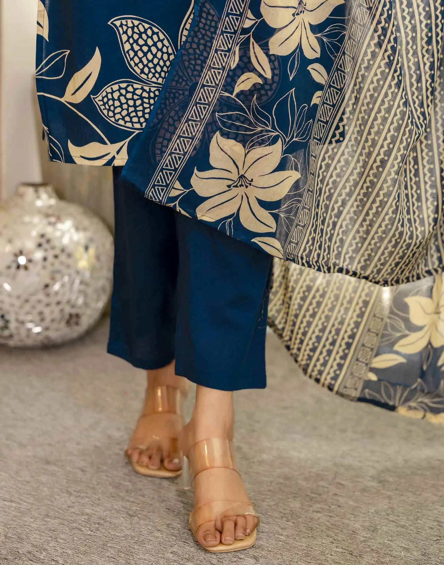 Blue Cotton Printed Straight Kurta Set with Pant & Dupatta under 799