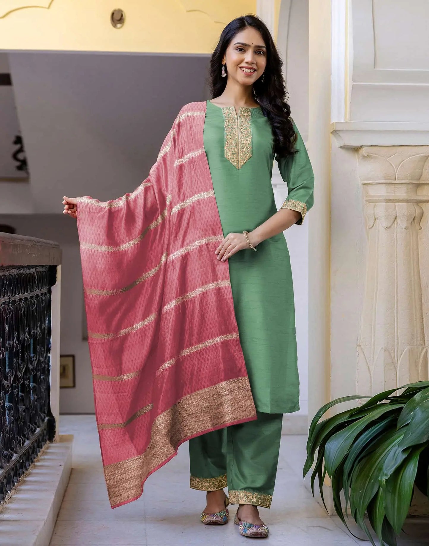 Skylee Green Silk Embroidered Straight Kurta Set for Women