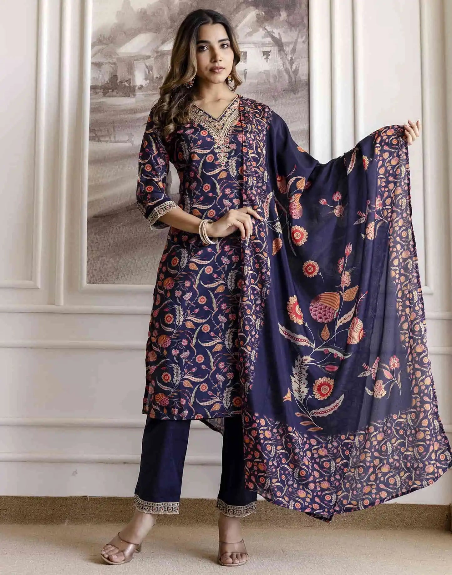 Blue Cotton Printed Straight Kurta Set with Pant & Dupatta for Women under 1299