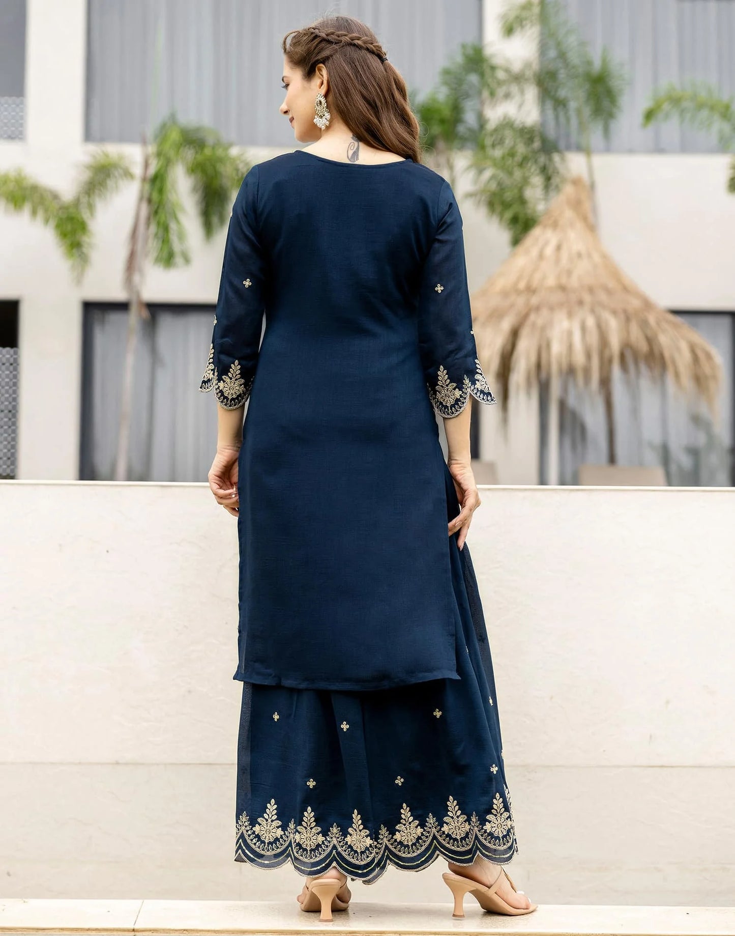 Silk Embroidered Straight Kurta with Pant & Dupatta