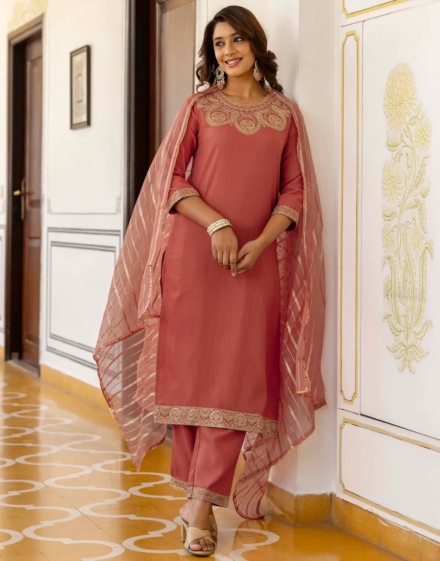 Cotton Blend Sequence, Embroidery and Lace Straight Kurta with Pant & Dupatta