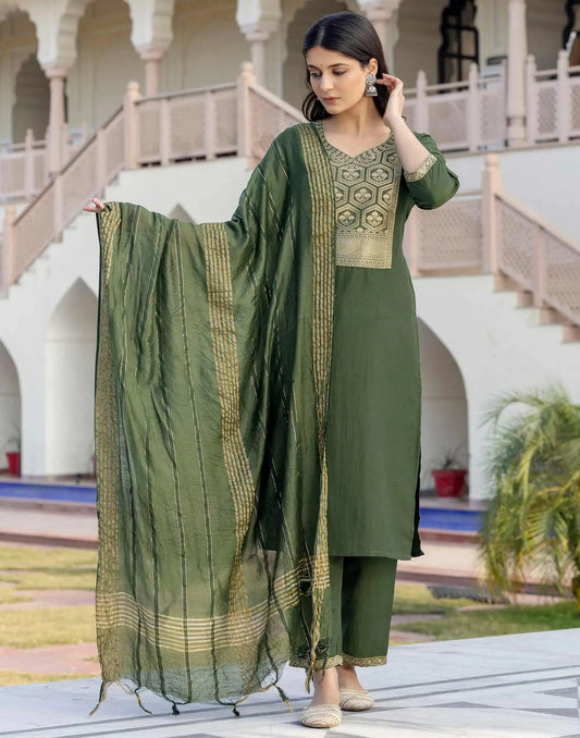 Silk Blend Weaving and Lace Straight Kurta with Pant & Dupatta