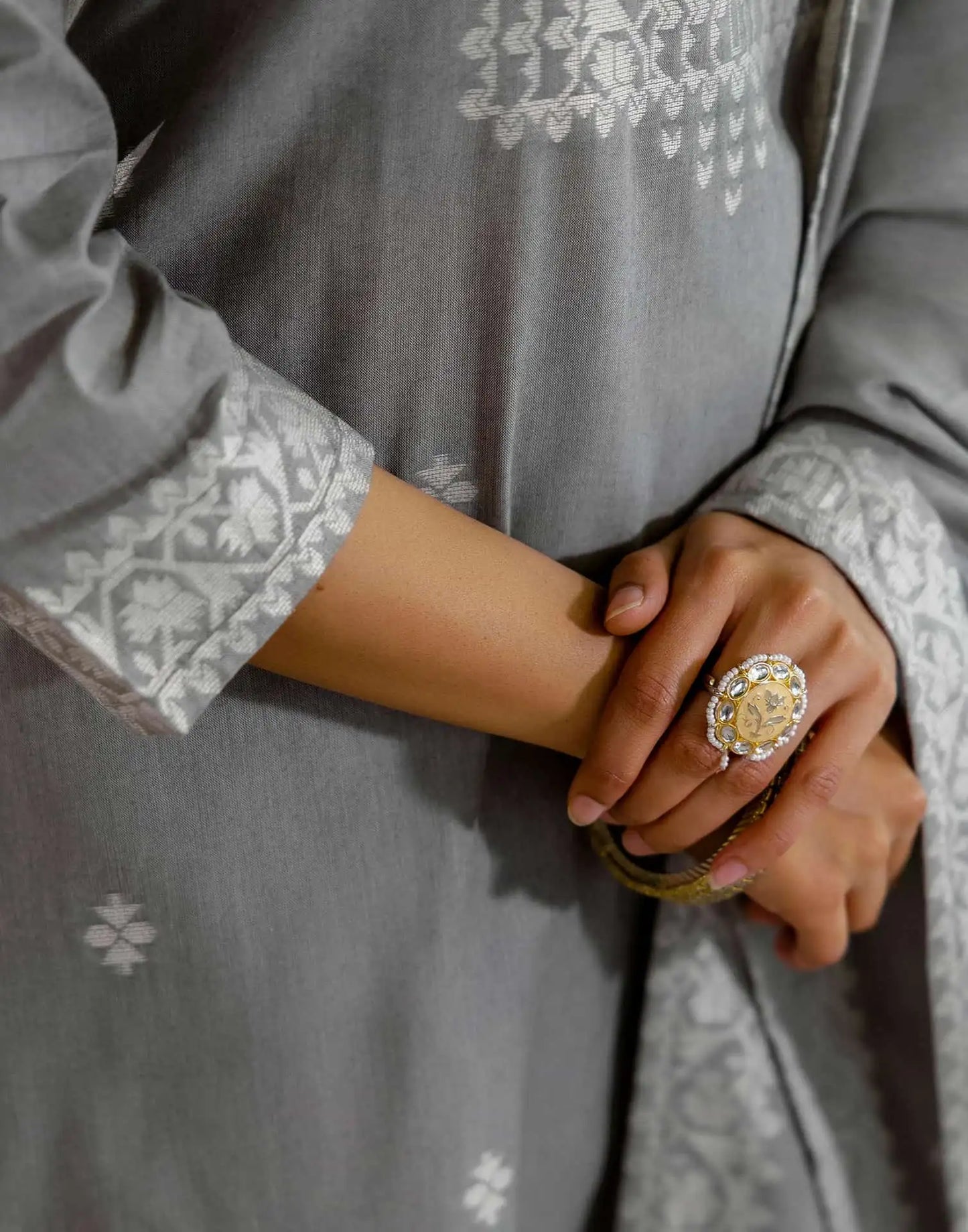 Grey Cotton Woven Straight Kurta Set with Pant & Dupatta under 1250