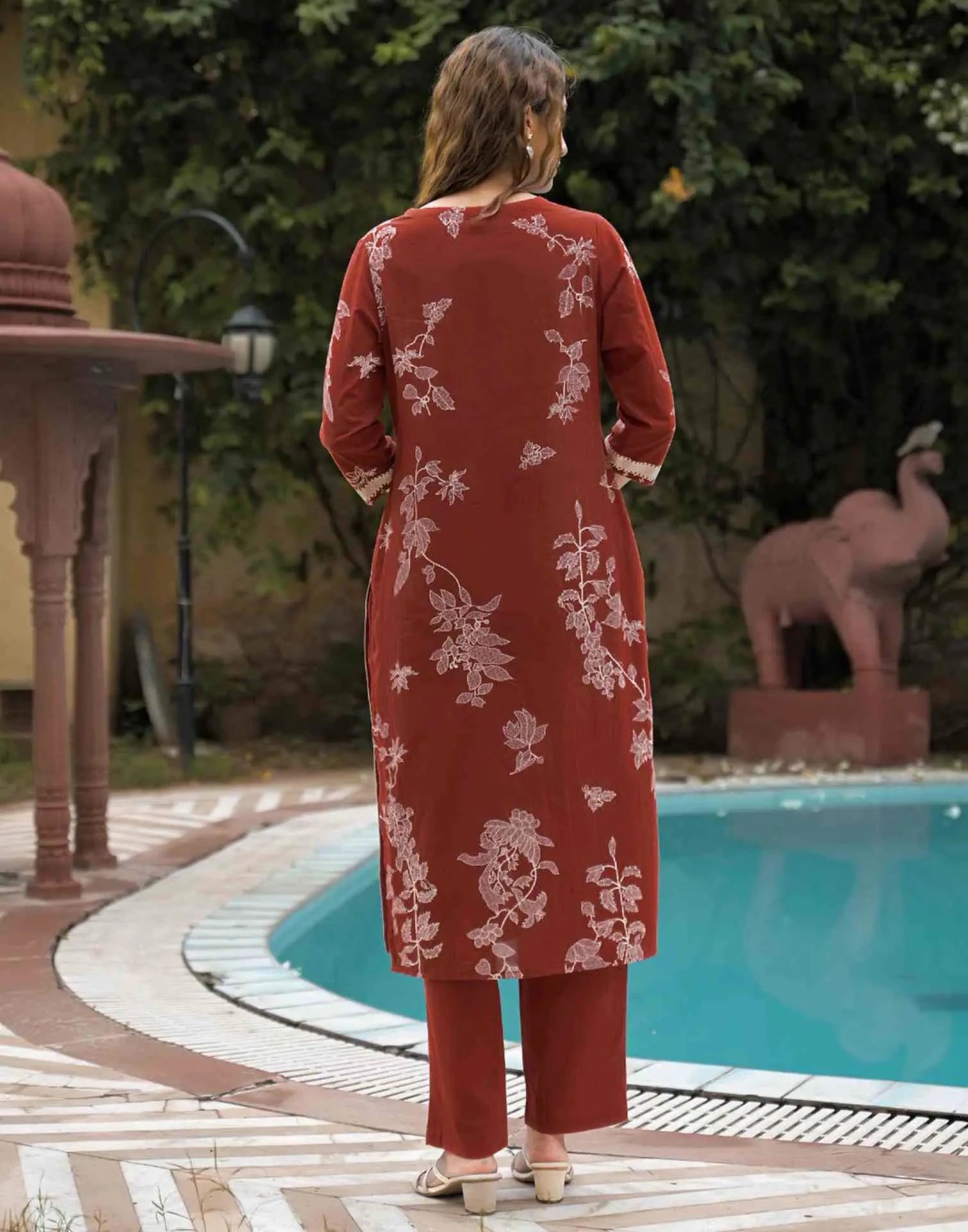 Cotton Printed Straight V-Neck Kurta with Pant & Dupatta