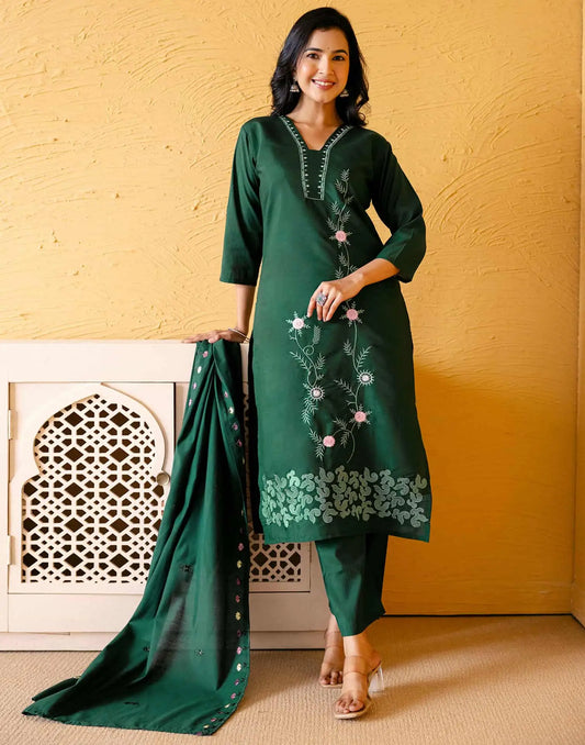 Silk Blend Embroidered Straight Kurta with Pant & Dupatta