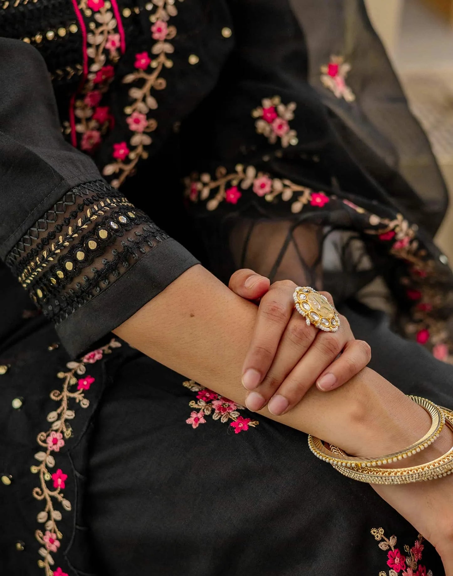 Black Silk Blend Embroidery and Sequins Work Straight Kurta with Pant and Dupatta