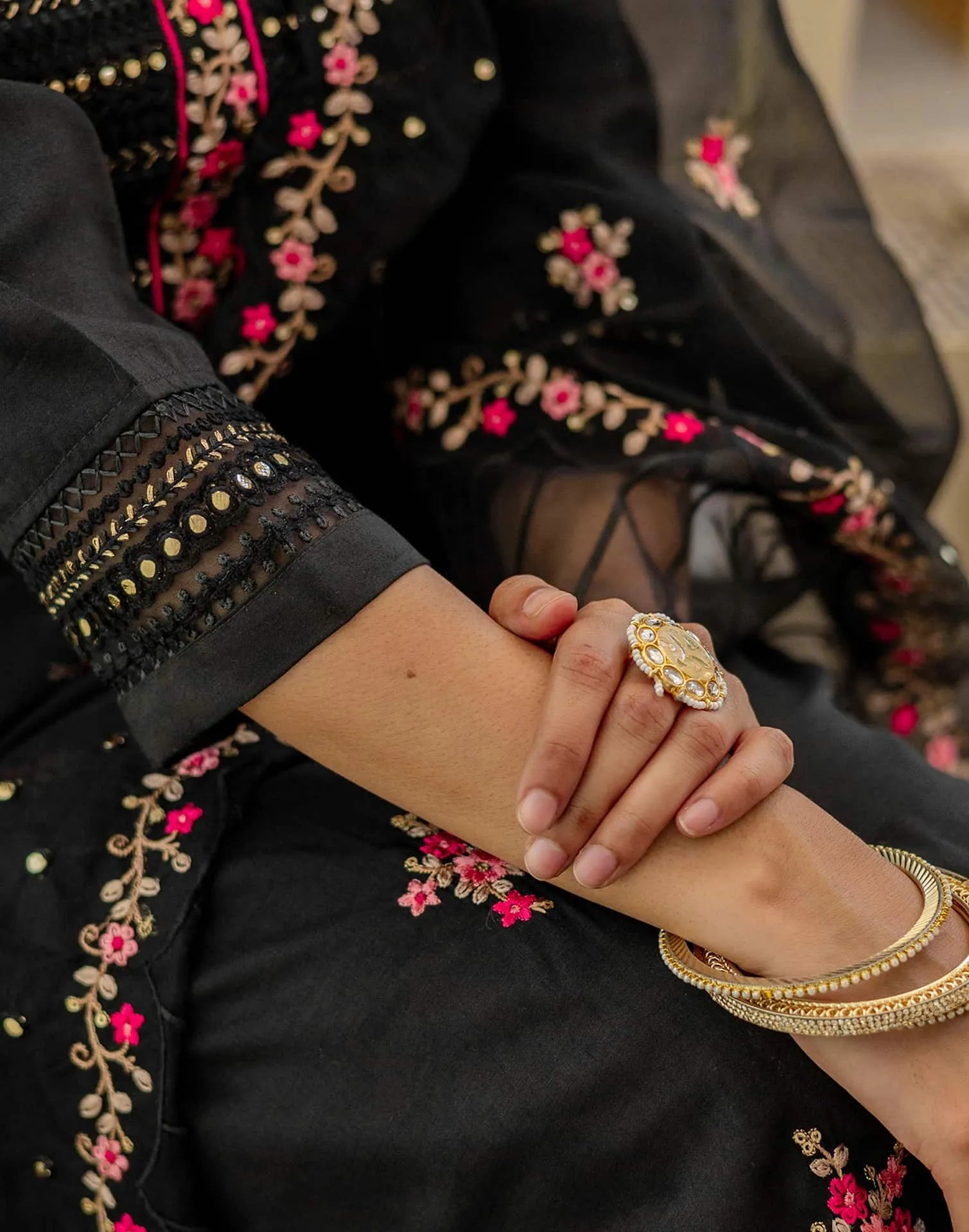 Black Silk Blend Embroidery and Sequins Work Straight Kurta with Pant and Dupatta