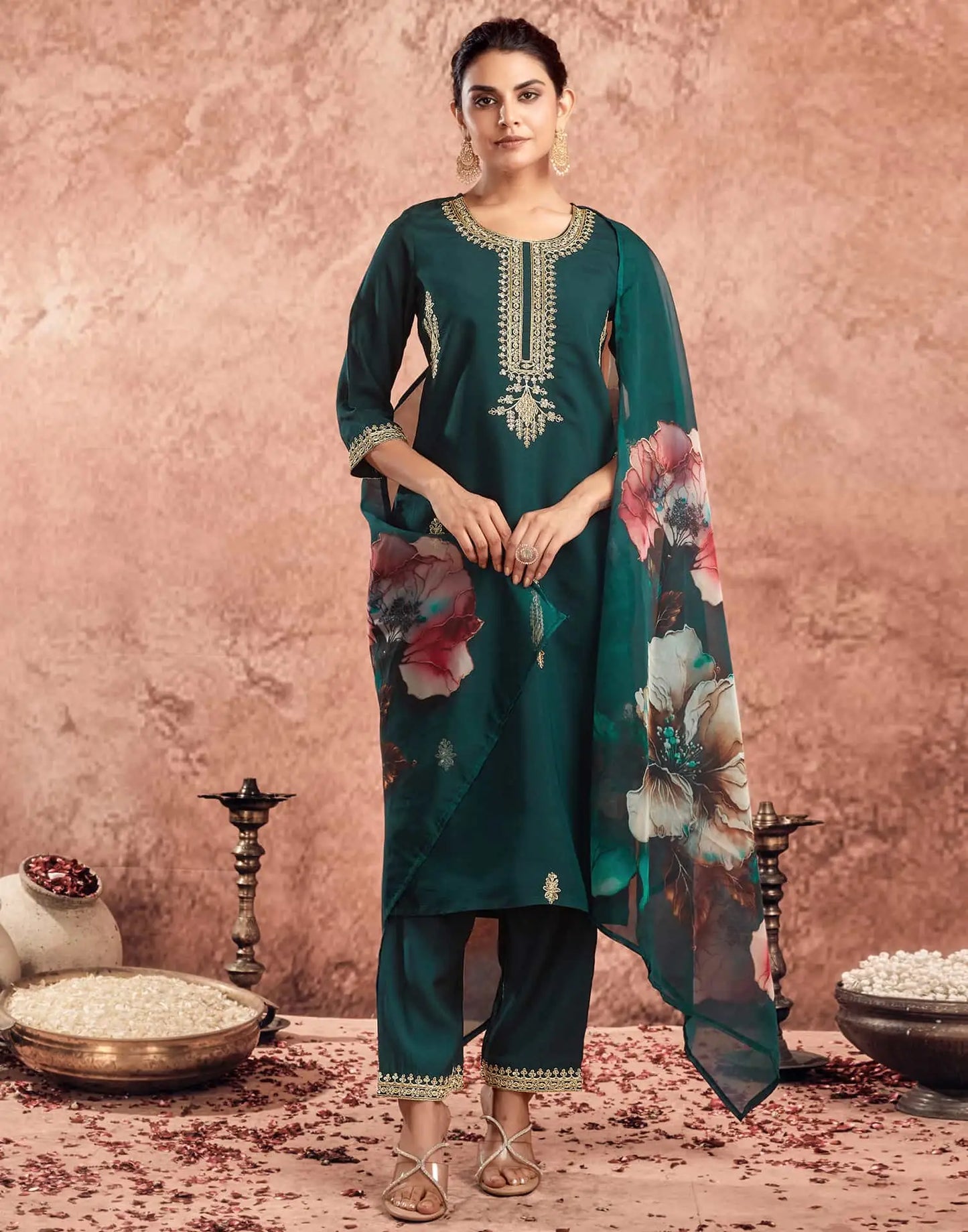 Silk Blend Embroidered Straight Kurta with Pant & Dupatta