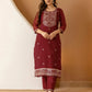 Maroon Silk Embroidered Straight Kurta Set with Pant & Dupatta for Women