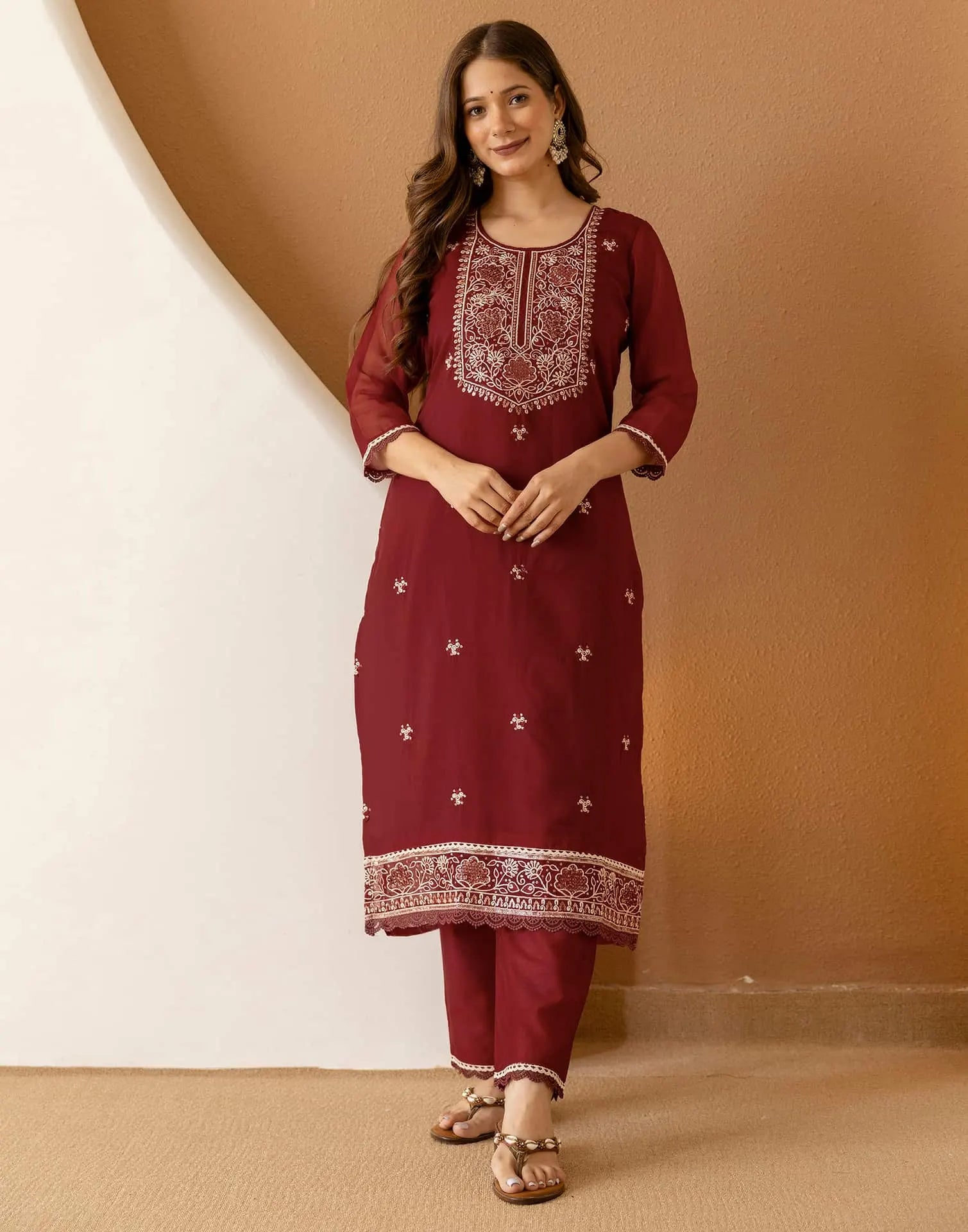 Maroon Silk Embroidered Straight Kurta Set with Pant & Dupatta for Women