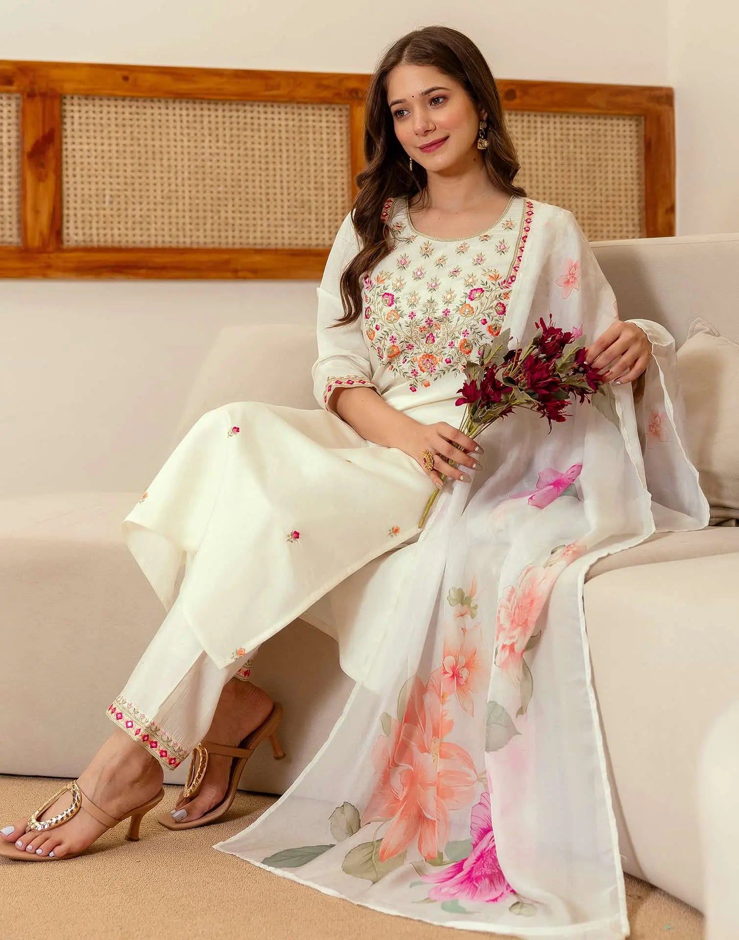 Off White Silk Blend Embroidered Straight Kurta Set for Women with Pant and Dupatta