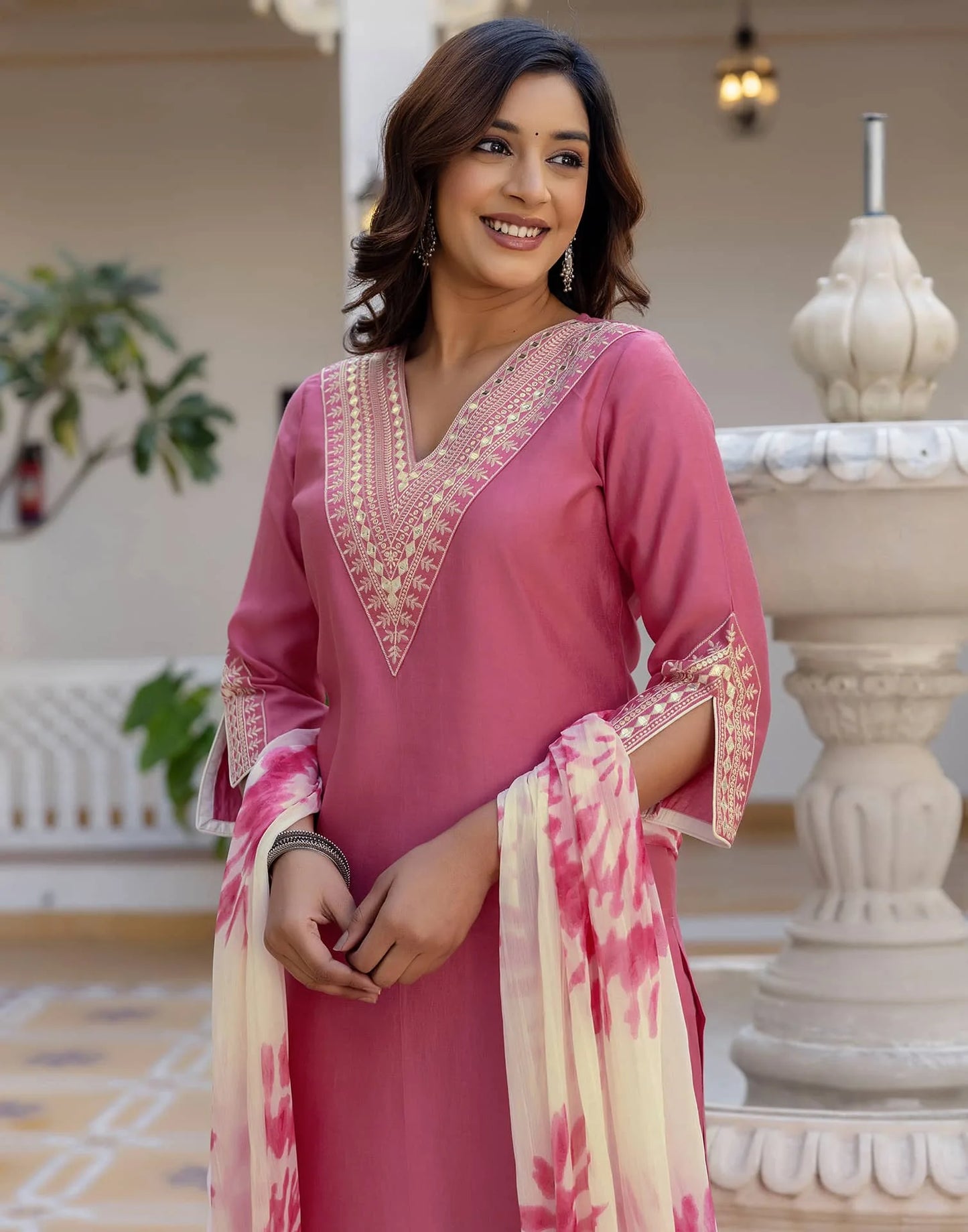 Silk Embroidery, Sequins Work and Gota Patti Work Straight Kurta with Pant & Dupatta