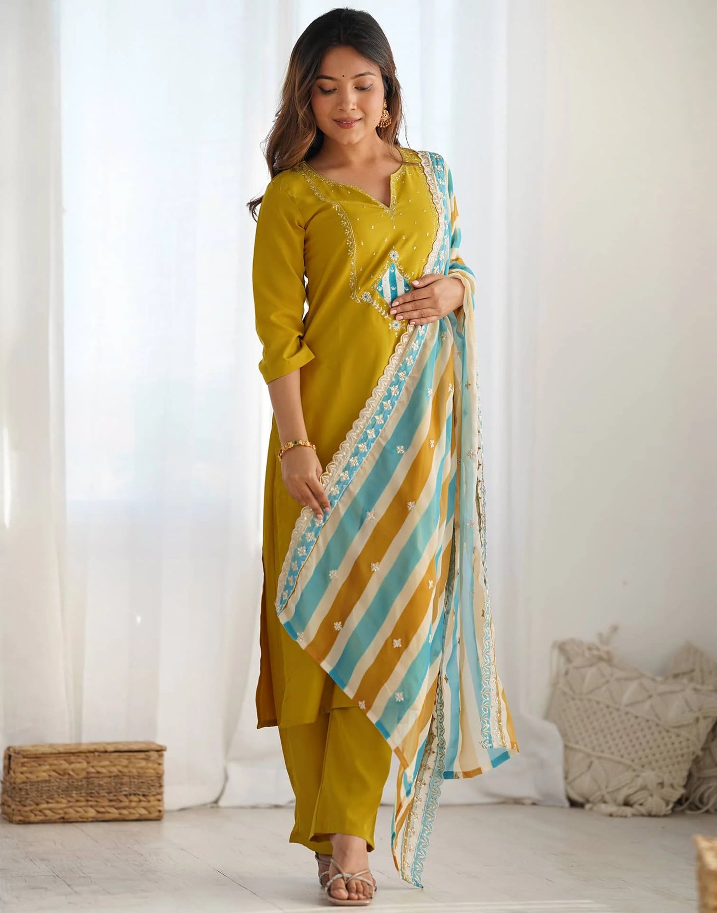 Silk Embroidery and Sequin Work Straight Kurta with Pant & Dupatta