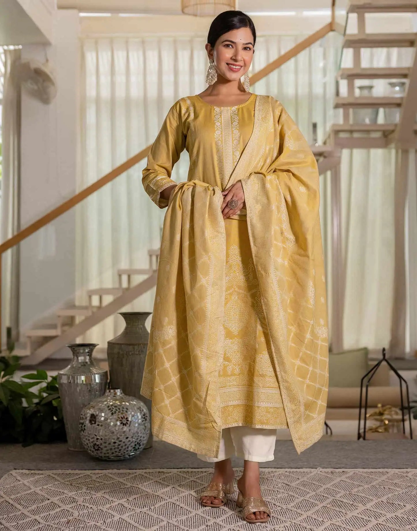 Affordable Beige Cotton Woven Straight Kurta Set Round-Neck Woven Cotton Kurti with Pant & Dupatta