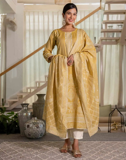 Affordable Beige Cotton Woven Straight Kurta Set Round-Neck Woven Cotton Kurti with Pant & Dupatta