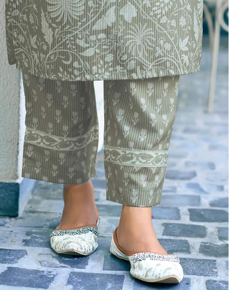 Skylee Tea Green Silk Floral Printed V Neck 3/4 Sleeve Straight Kurta Set with Pant & Dupatta for Women