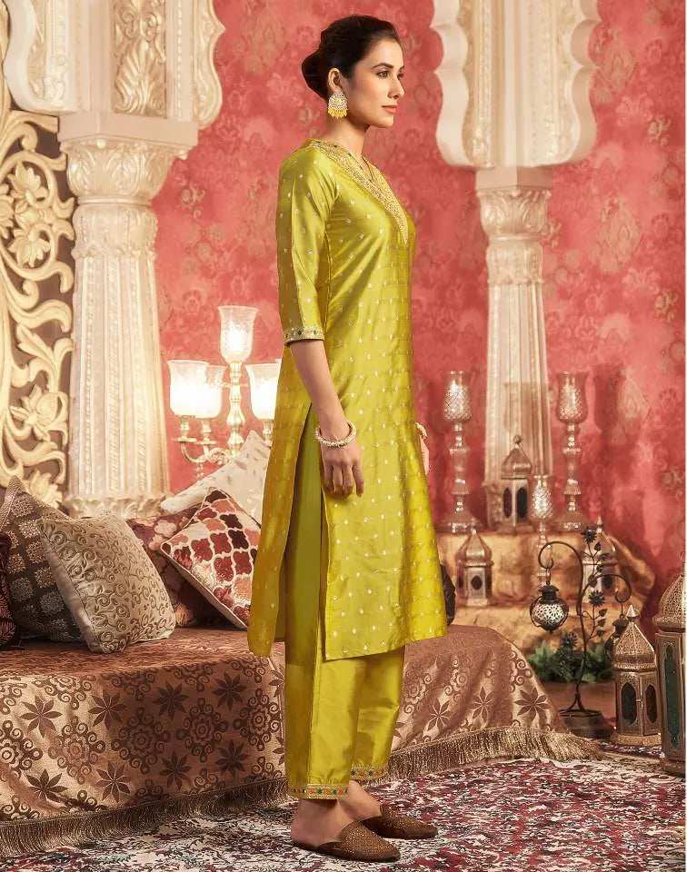 Skylee Mustard Green Silk Plain V Neck 3/4 Sleeve Straight Kurta Set with Pant & Dupatta for Women