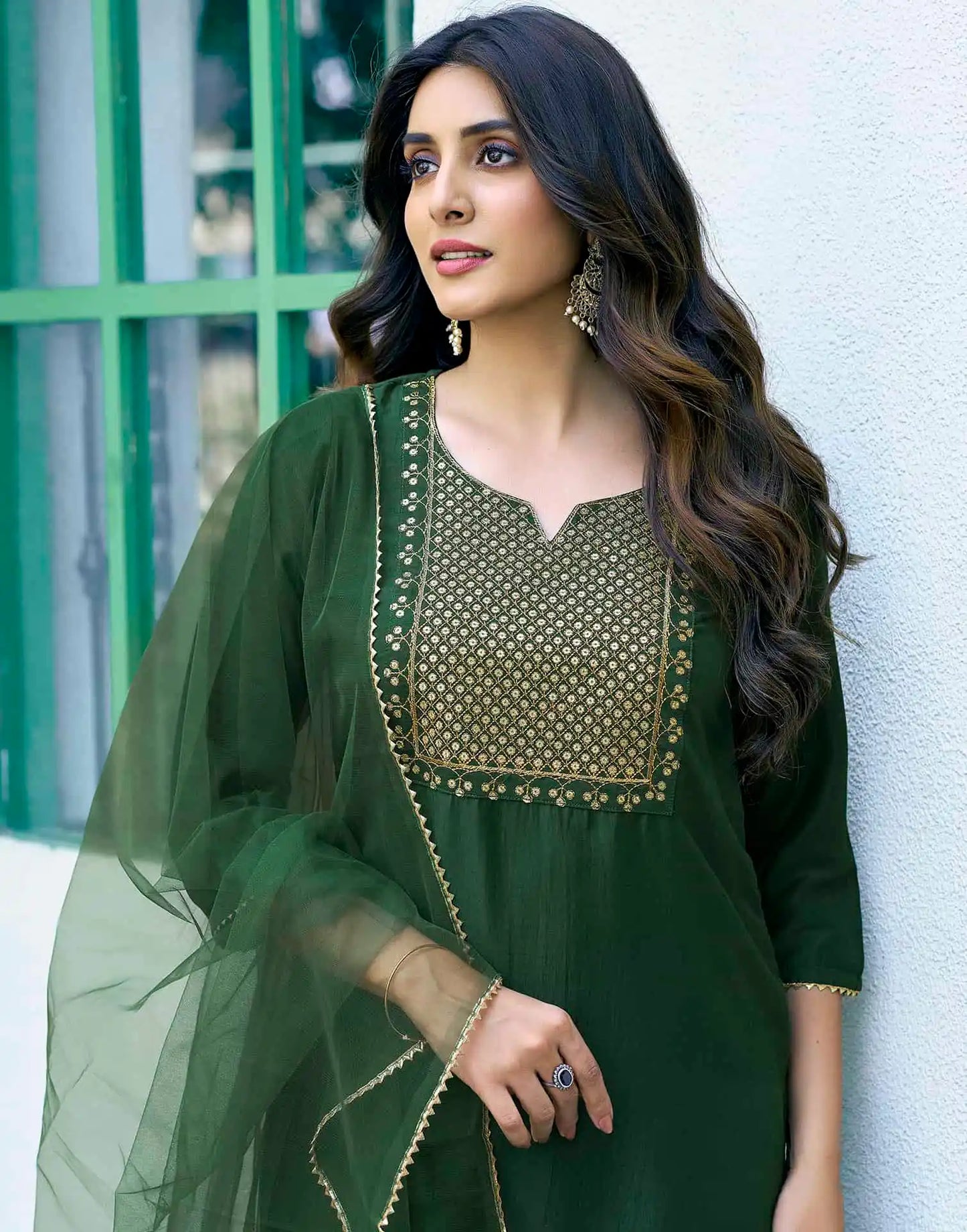 Silk Blend Dyed, Sequence Embroidery Work and Gota Lace Straight Kurta with Pant & Dupatta