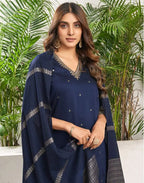 Skylee Poly Chinnon Embroidered Straight 3 Piece Kurta Set For Woman