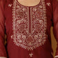 Maroon Silk Embroidered Straight Kurta Set with Pant & Dupatta for Women