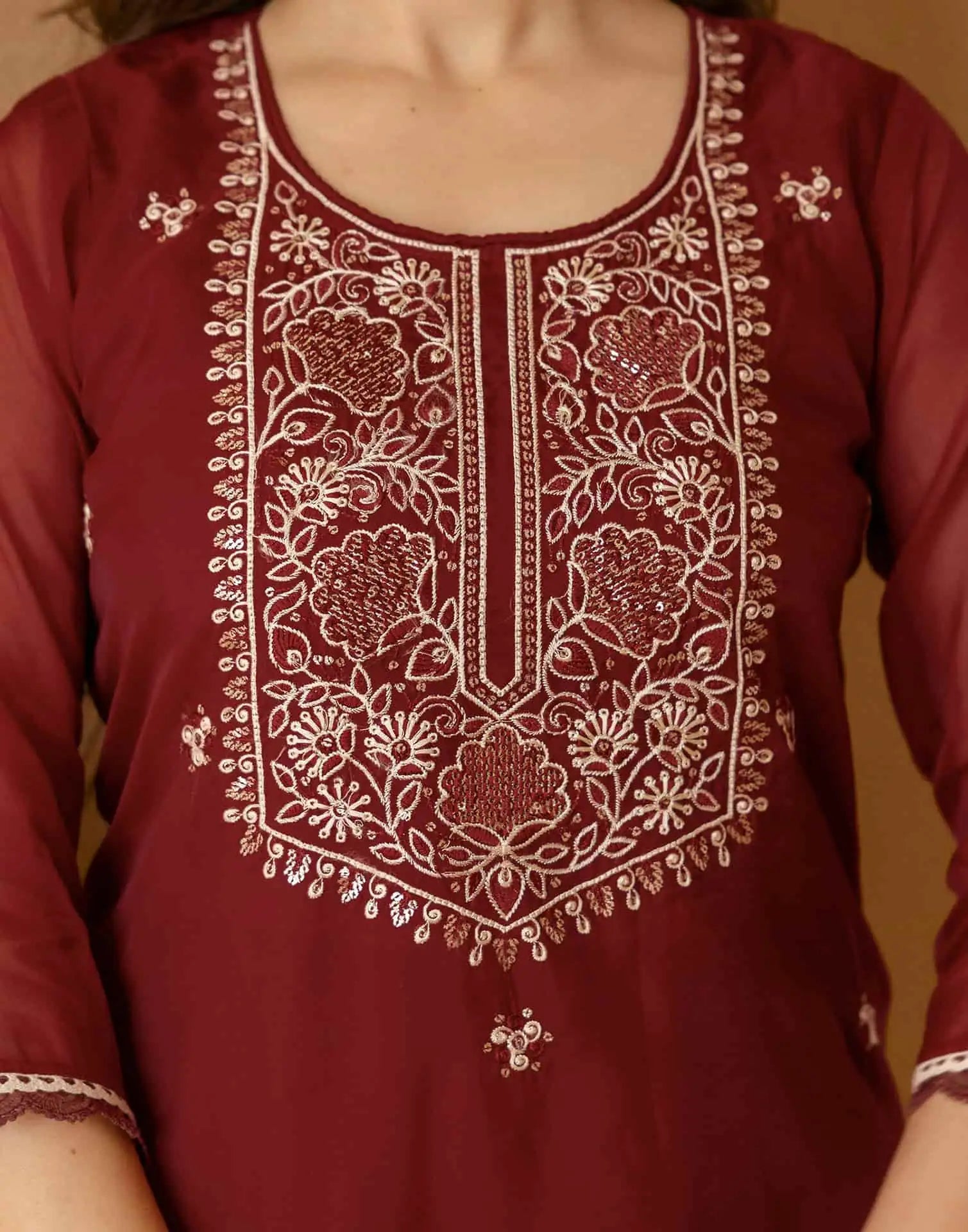 Maroon Silk Embroidered Straight Kurta Set with Pant & Dupatta for Women