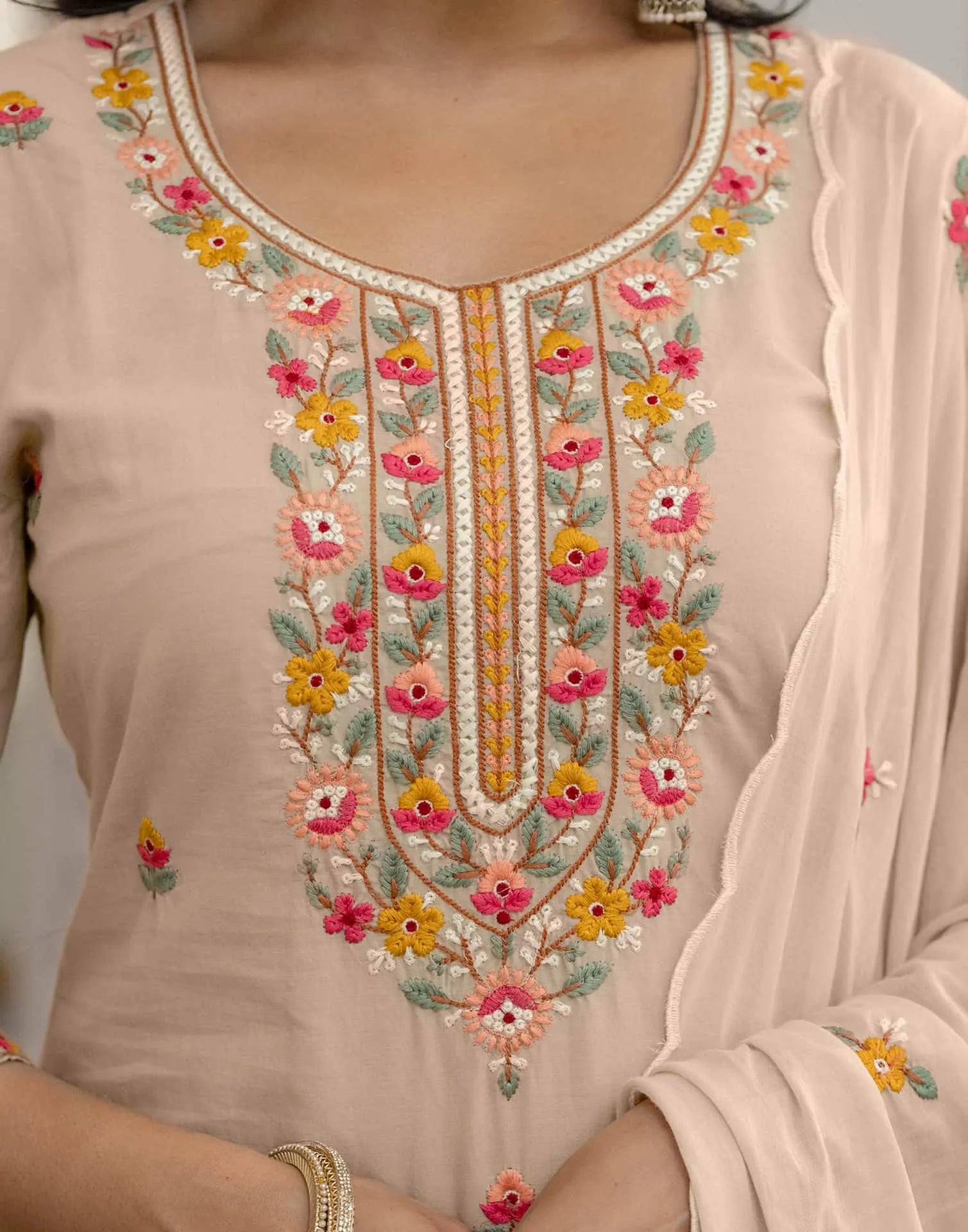 Skylee Brown Cotton Embroidered Straight Kurta with Pant & Dupatta