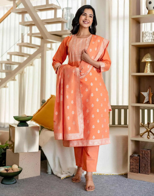 Orange Cotton Woven Straight Kurta Set with Pant & Dupatta under 1250 