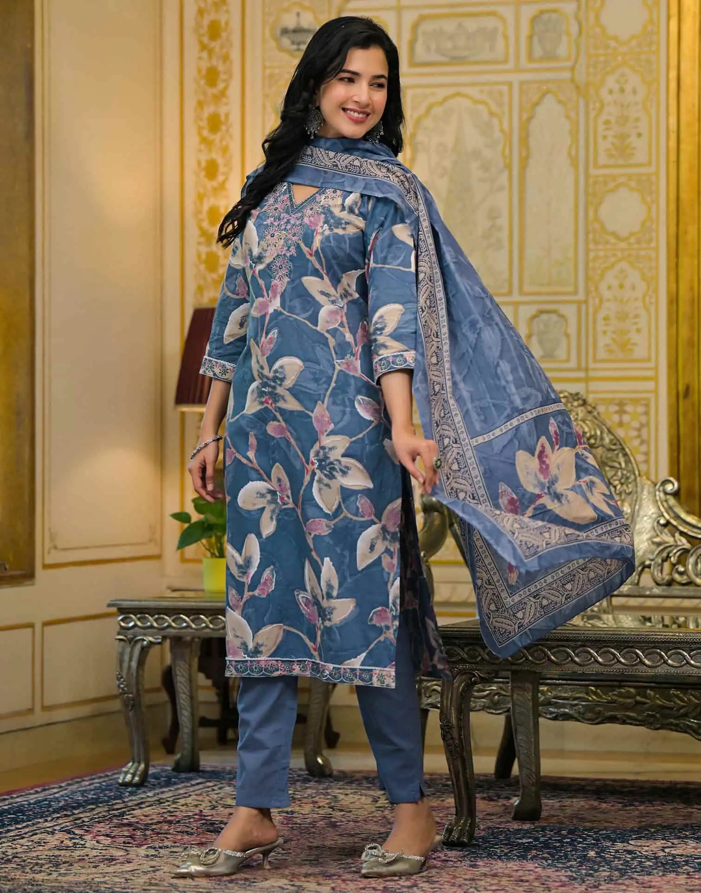 Cotton Straight Printed V-Neck Kurta with Pant & Dupatta